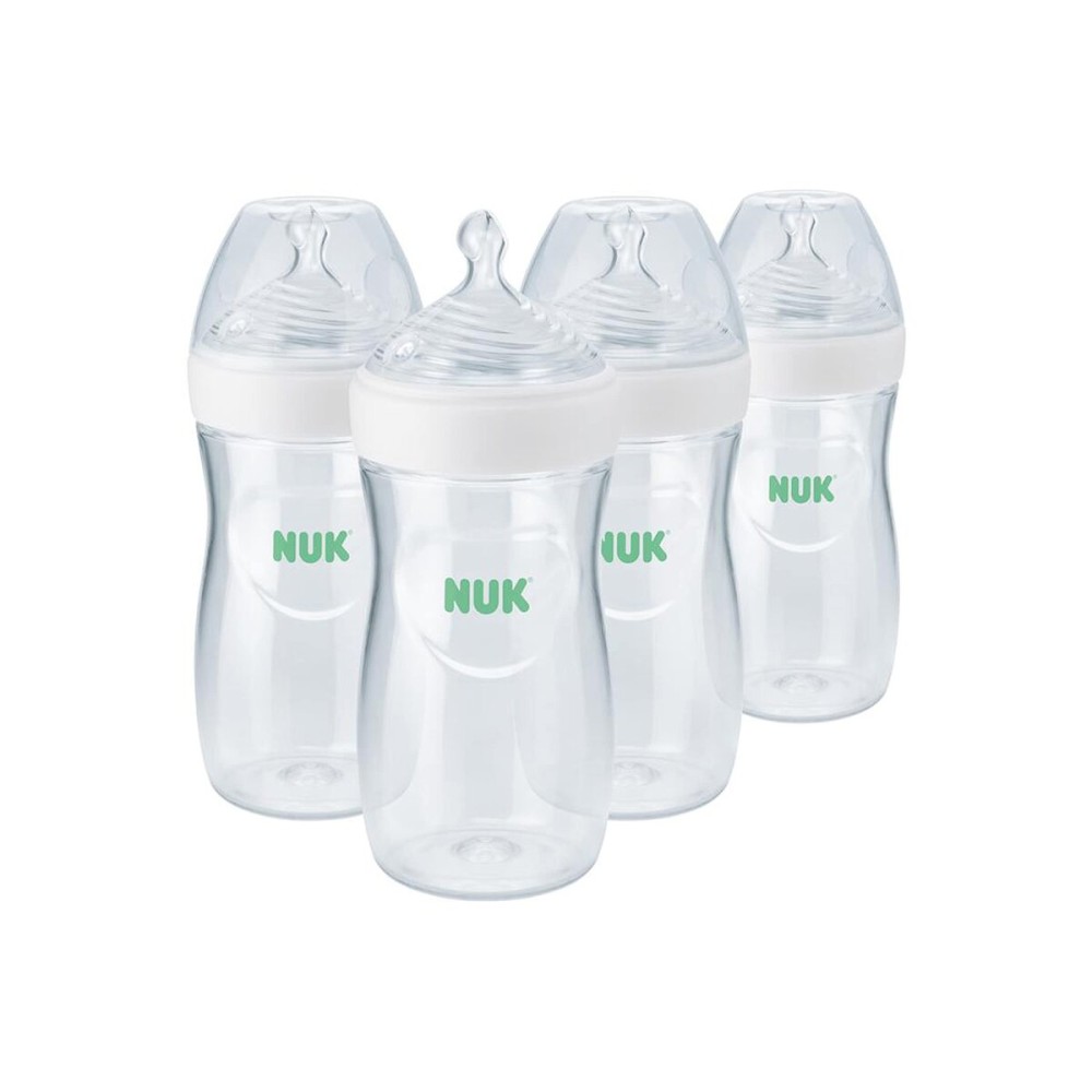 NUK Simply Natural Baby Bottle with SafeTemp, Anti-Colic Vent, and Slow Flow Nipple for Natural Feeding, 9 oz., 4-Pack