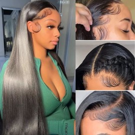 CHEETAHBEAUTY 13x6 Lace Front Wigs Human Hair 16Inch HD Transparent Lace Frontal Wigs 220% Density Brazilian Virgin Straight Human Hair Wigs for Women Pre Plucked with Baby Hair Natural Color