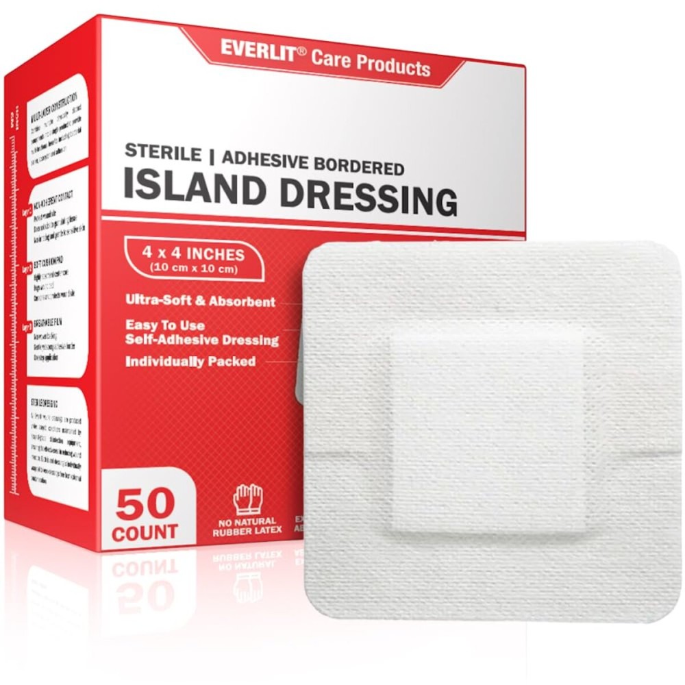 EVERLIT Island Dressing Bordered Gauze | Large Wound Care Bandage with Adhesive Border| Sterile, Soft & Highly Absorbent Medical Grade Dressing Pad (4x4 Inch (Pack of 50))