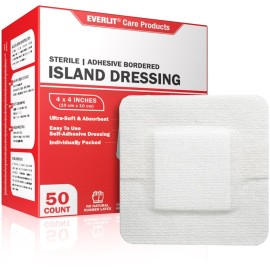 EVERLIT Island Dressing Bordered Gauze | Large Wound Care Bandage with Adhesive Border| Sterile, Soft & Highly Absorbent Medical Grade Dressing Pad (4x4 Inch (Pack of 50))