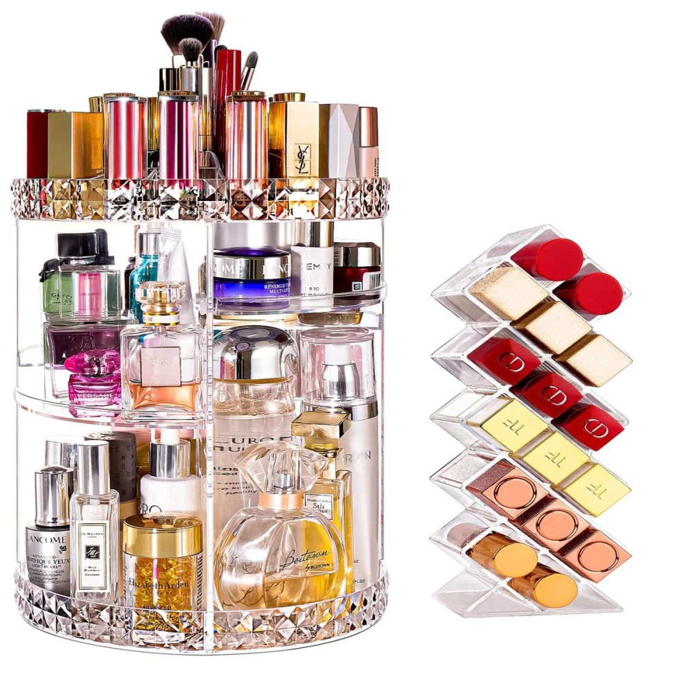 V-HANVER Makeup Organizer Combo - 360 Rotating Makeup Organizer with 7 Adjustable Layers Acrylic Skincare Organizer Large Cosmetic Display Case Clear Perfume Organizer with Makeup Lipstick Holder