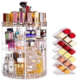 V-HANVER Makeup Organizer Combo - 360 Rotating Makeup Organizer with 7 Adjustable Layers Acrylic Skincare Organizer Large Cosmetic Display Case Clear Perfume Organizer with Makeup Lipstick Holder