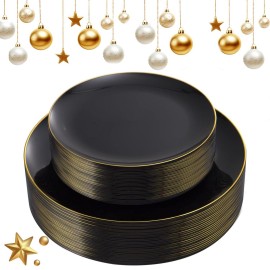 KIRE 60PCS Black Plastic Plates - Black Disposable Plates with Gold Rim for Halloween Party/Graduation - Include 30Pcs 10.25inch for Dinner and 30Pcs 7.5inch for Dessert
