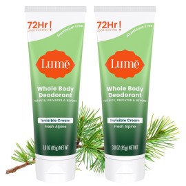 Lume Whole Body Deodorant - Invisible Cream Tube - 72 Hour Odor Control - Doctor Developed - Aluminum Free, Baking Soda Free and Skin Loving - 3.0 Ounce, (Pack of 2) (Fresh Alpine)