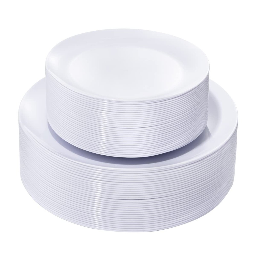 KIRE 60PCS White Disposable Plates - Heavy Duty White Plastic Plates for Party/Wedding - Include 30Pieces 10.25inch Dinner Plates and 30Pieces 7.5inch Dessert/Salad Plates
