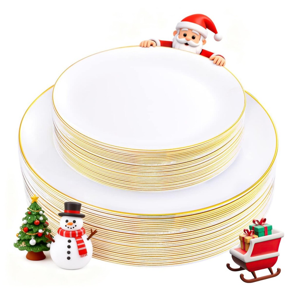 KIRE 60PCS Gold Plastic Plates - Thanksgiving Heavy Duty White Disposable Plates with Gold Rim for Party/Wedding- Include 30Pieces 10.25inch Dinner Plate and 30Pcs 7.5inch Dessert Plate