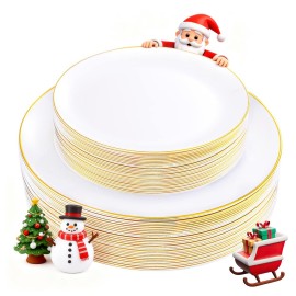 KIRE 60PCS Gold Plastic Plates - Thanksgiving Heavy Duty White Disposable Plates with Gold Rim for Party/Wedding- Include 30Pieces 10.25inch Dinner Plate and 30Pcs 7.5inch Dessert Plate