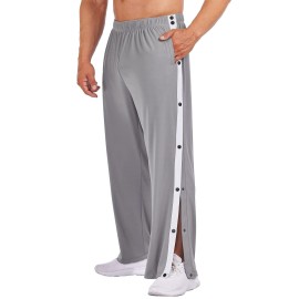 Deyeek Men\'s Tear Away Basketball Pants High Split Snap Button Casual Post-Surgery Sweatpants with Pockets Grey