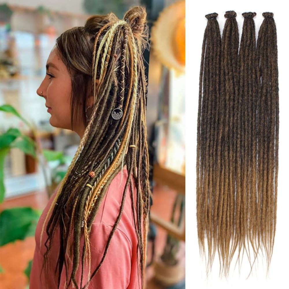 Kraler Dreadlock Extensions, 22 Ombre Brown Synthetic Crochet Dreads Extensions 100% Handmade Single Ended Dreads Thin 0.6cm Width Reggae Style Dreadlock for Girls(10 Strands)