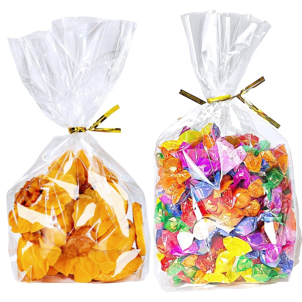 PigPotParty Cellophane Treat Bags 6x9, 50 Pack Clear Goodie Bags, Bottom Gusset for Stand-Up Display, Small Plastic Gift Wrap for Cookies, Candy, Party Favors, Popcorn, Includes 50 Gold Ties