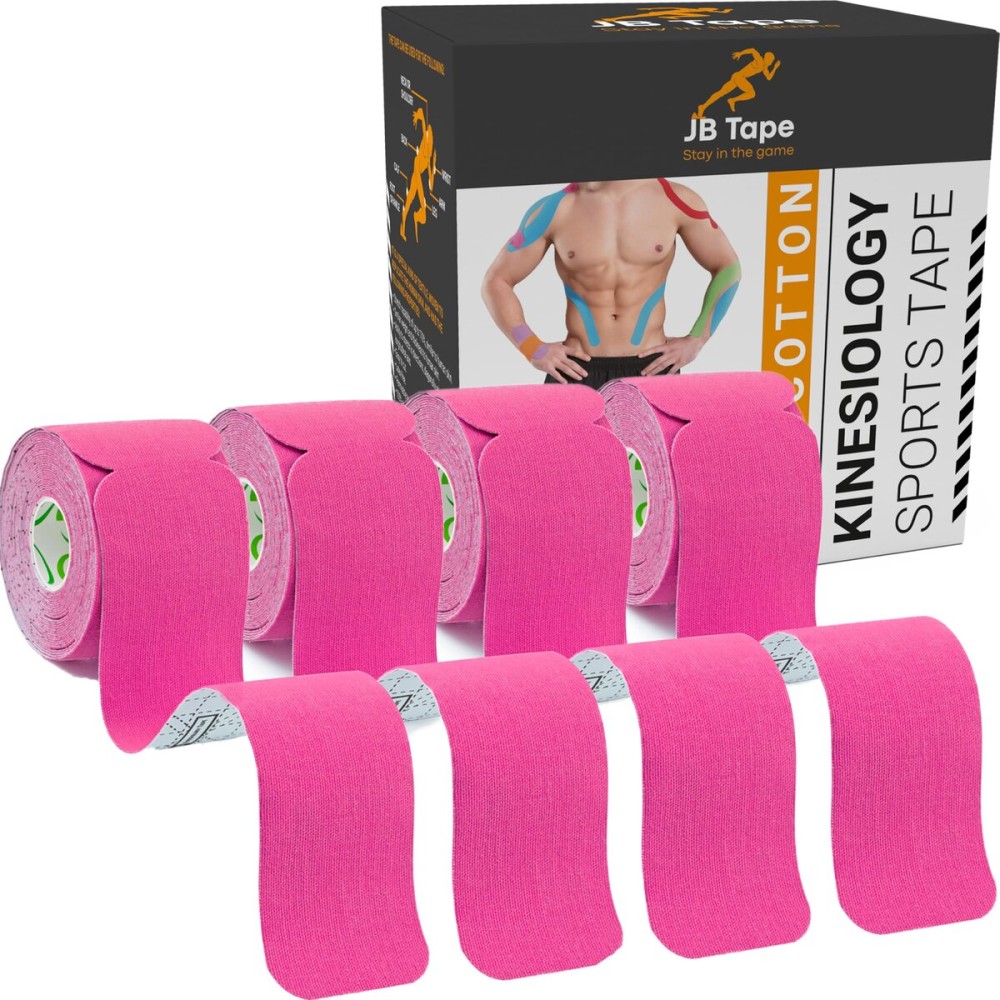 JB Tape Kinesiology Tape - 80 Precut 10-Inch Strips - Pink - Elastic, Latex-Free, Water Resistant - Athletic Muscle & Joint Support - 4 Rolls