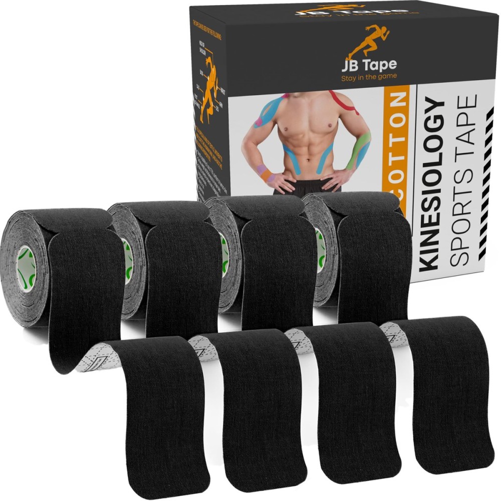 JB Tape Kinesiology Tape - 80 Precut 10-Inch Strips - Black - Elastic, Latex-Free, Water Resistant - Athletic Muscle & Joint Support - 4 Rolls