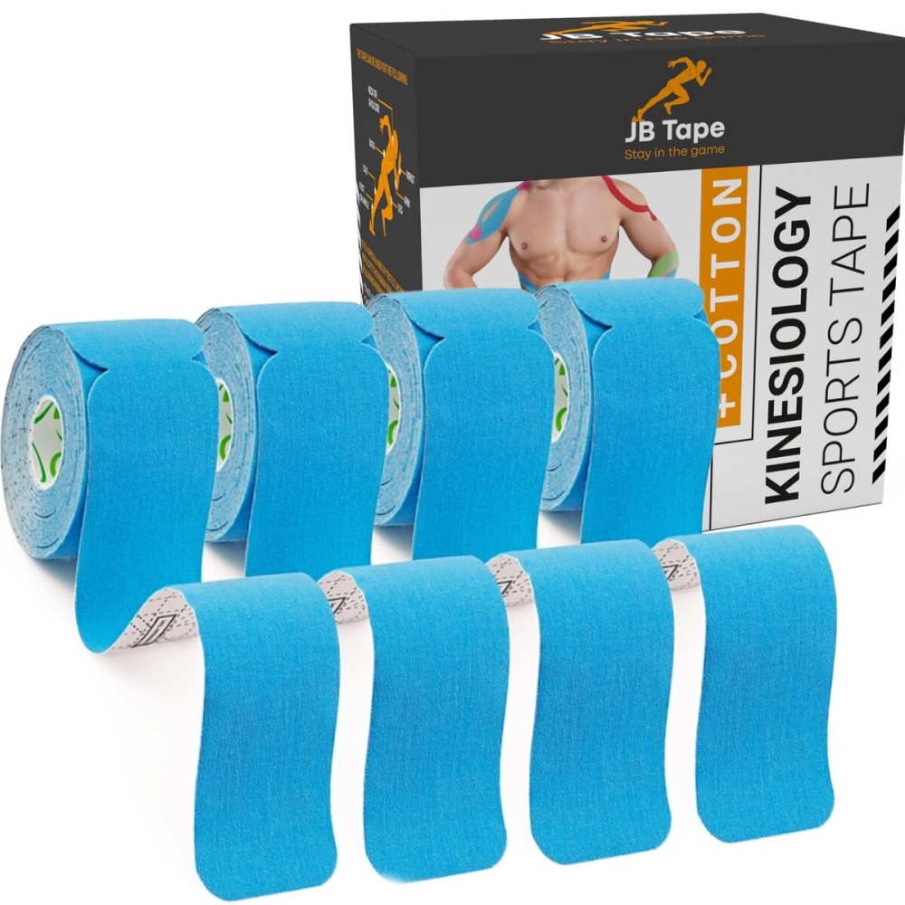 JB Tape Kinesiology Tape - 80 Precut 10-Inch Strips - Blue - Elastic, Latex-Free, Water Resistant - Athletic Muscle & Joint Support - 4 Rolls