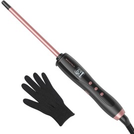 Wavytalk 3/8 Inch Small Curling Iron Wand for Short & Long Hair, Ceramic Barrel with Adjustable Temperature, Heat Resistant Glove Included (Rose Pink)