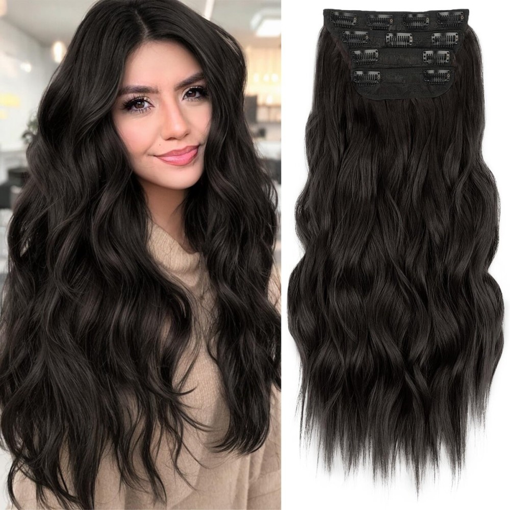 KooKaStyle Clip in Long Wavy Synthetic Hair Extension 20 Inch 4PCS Dark Brown Hairpieces Fiber Thick Double Weft Hair Extension for Women