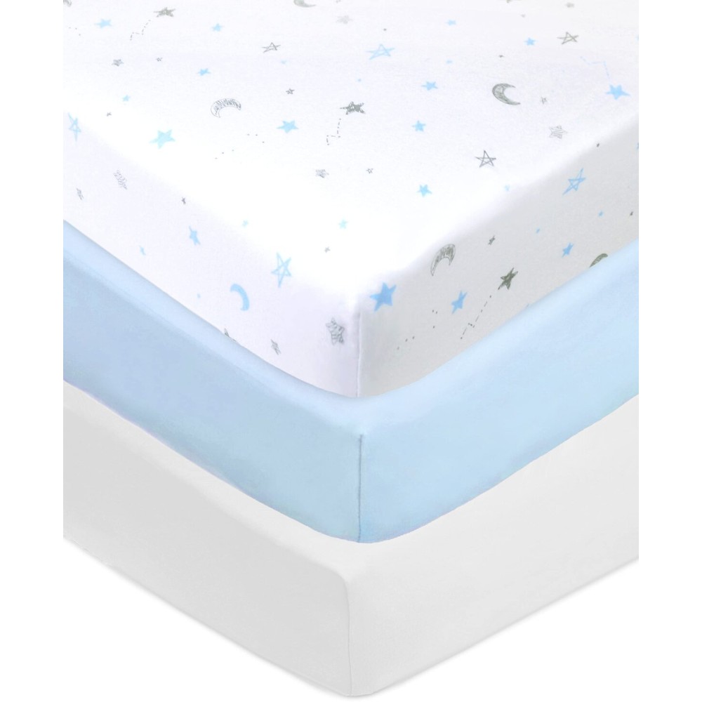 American Baby Company 3 Pack 100% Natural Cotton Fitted Crib Sheets 52 x 28 - Soft, Breathable, Hypoallergenic & Gentle Toddler Bed Sheets, Blue Stars/Blue/White, Neutral for Boys & Girls