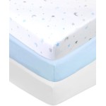 American Baby Company 3 Pack 100% Natural Cotton Fitted Crib Sheets 52 x 28 - Soft, Breathable, Hypoallergenic & Gentle Toddler Bed Sheets, Blue Stars/Blue/White, Neutral for Boys & Girls