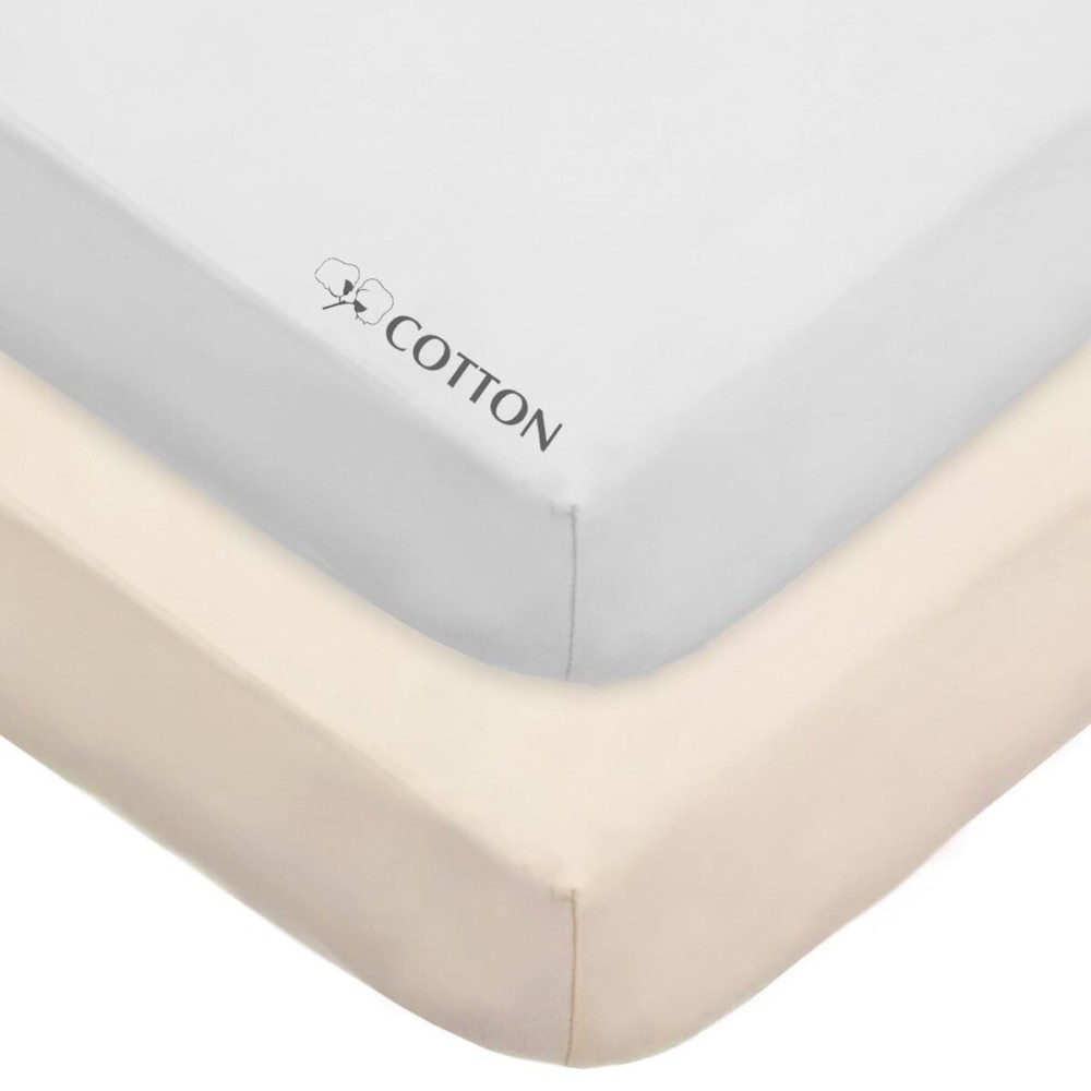 American Baby Company 2 Pack 100% Natural Cotton Fitted Crib Sheets 52 x 28 - Soft, Breathable, Hypoallergenic & Gentle Toddler Bed Sheets, Cream and White, Neutral for Boys & Girls