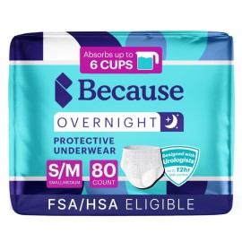 Because Overnight Absorbency Pull Ups - Adult Disposable Incontinence Underwear, Extra Absorbent Nighttime Briefs for Men and Women, White, Small/Medium, 80 Count (4 Packs of 20)