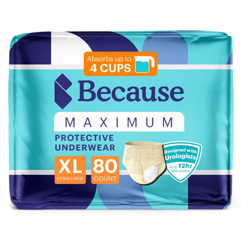 Because Premium Maximum Plus Adult Incontinence and Postpartum Bladder Leak Underwear for Women, Maximum Absorbency, Disposable, Beige, XLarge, 80 Count (4 Packs of 20)