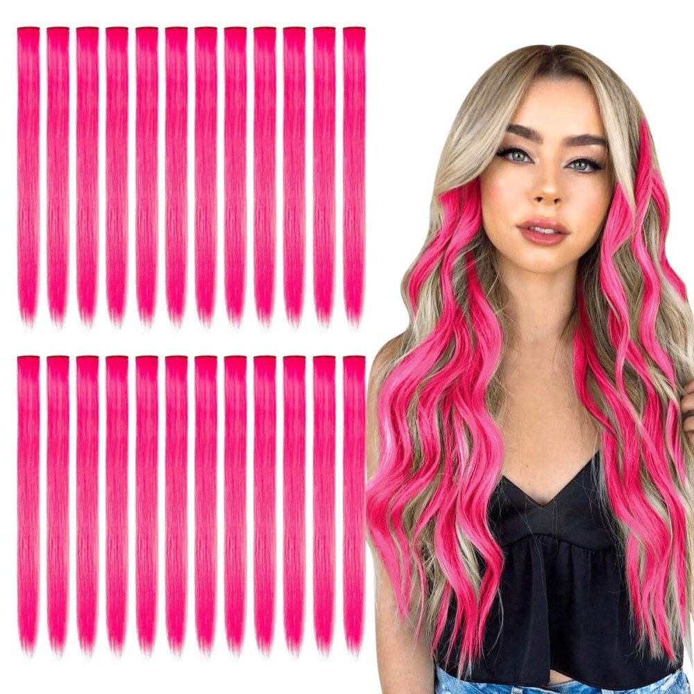 Kyerivs 24PCS Pink Clip in Hair Extensions for Girls 20Inch Rainbow Straight Synthetic Hairpieces Stocking Stuffers for Girls Party Highlights Pink Hair Accessories Halloween Gifts for Women