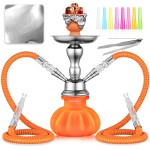 2 Hose Hookah Set 11\'\' Small Shisha Hookah Set With Mini Pumpkin Glass Vase, Ceramic Bowl, Leather Hose, Coal Tong, Hookah Foil, Disposable Tips (Orange)