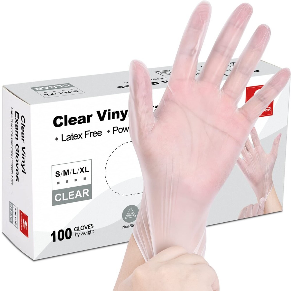 SCHNEIDER Clear Vinyl Exam Gloves, 4-mil, Medium 100-ct Box, Latex-Free, Disposable Gloves, Medical Gloves, Cleaning Gloves, Food Prep Gloves, Food Safe Rubber Gloves, Powder-Free, Non-Sterile