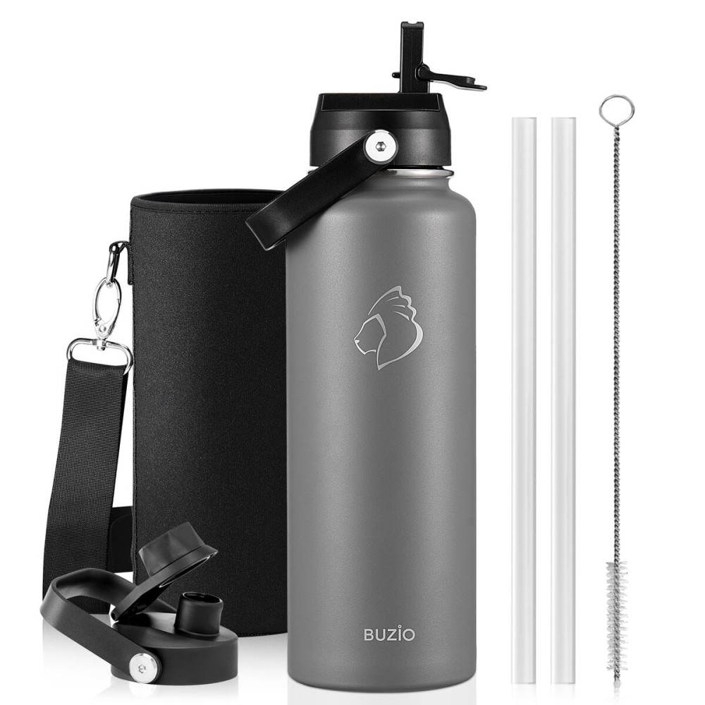 BUZIO Double Wall Stainless Steel Sports Wide Mouth Water Bottle, BPA-Free Flex Cap and Straw Lid, 40 Ounces & 32 Ounces Water Bottle, Graphite