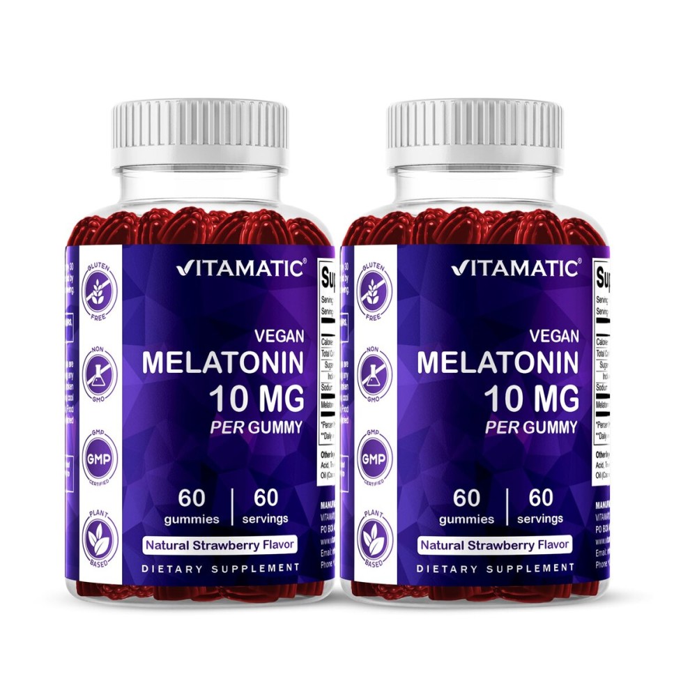 Vitamatic Melatonin 10 mg Vegetarian Gummies - Non-Habit Forming - 60 Gummies per Bottle - 2-Pack (Total 120 Vegan Gummies)