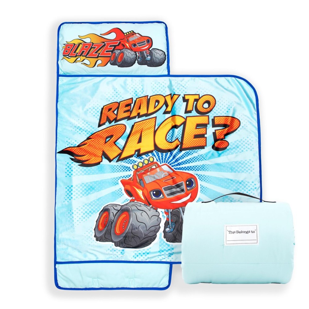 Jay Franco Kids Nap Mat Cartoon Embedded Pillow & Blanket - Soft 46x20Microfiber Sleeping Bag with Name Tag & Handle for School, Travel, Sleepover, Blue - Blaze