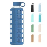 purifyou 40oz / 32oz / 22oz / 12oz Borosilicate Glass Water Bottle with Time & Volume Markers, Silicone Sleeve, Stainless Steel Lid | Reusable Glass Bottle for Water & Juice (40oz Chinese Porcelain)