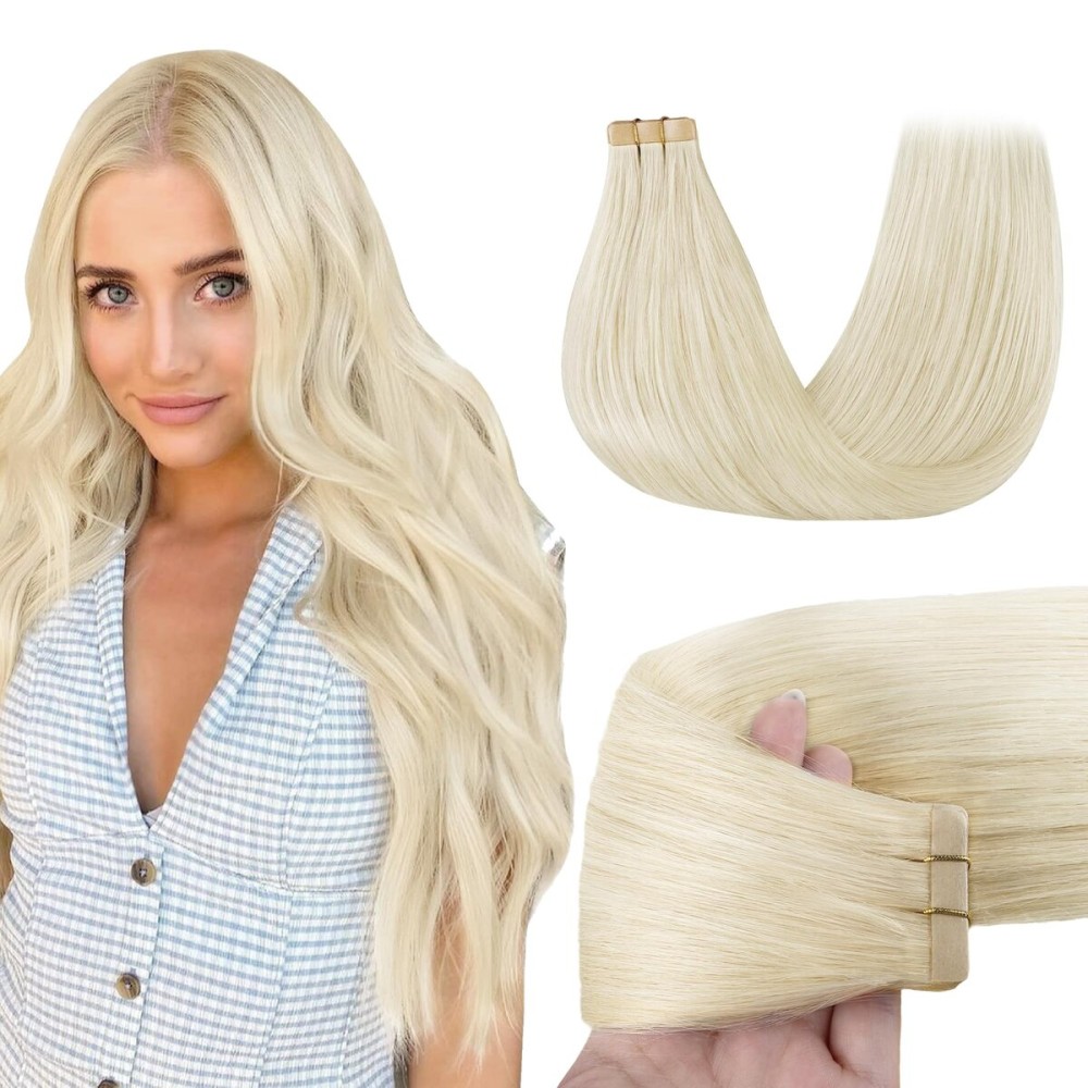 GOO GOO Tape in Hair Extensions Human Hair, 60A Platinum Blonde, 18inch 50g 20pcs, Skin Weft Seamless Invisible, Silky Straight with Thick Ends, Remy Human Hair