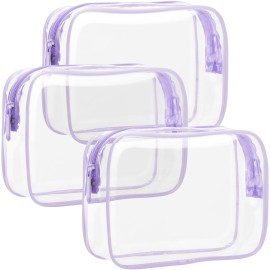 F-color TSA Approved Toiletry Bag - 3 Pack Clear Toiletry Bags Clear Makeup Cosmetic Bags for Women, Quart Size Travel Bag, Carry on Airport Airline Compliant Bag, Macaron Purple(for age 12 or above)