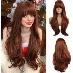 Esmee 26 Inches Long Dark Auburn Wig with Bangs Slightly Curly Hair Ends Natural Synthetic Hair Straight Wigs for Women Daily Party Cosplay Wear..