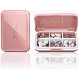 Travel Pill Organizer Moisture Waterproof Small Pill Box for Pocket Purse 6 Compartments Portable Pill Case Medicine Vitamin Holder Container, Pink