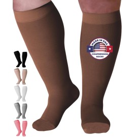 Compression Socks for Women and Men 20-30mmHg Wide Calf - Plus Size Opaque Compression Support Stockings for Nursing, Varicose Veins Circulation - Brown, 3X-Large - AB201