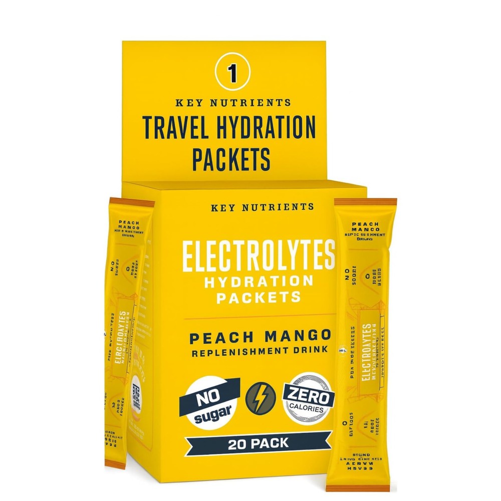 KEY NUTRIENTS Electrolytes Powder Packets - Tropical Peach Mango 20 Pack Hydration Packets - Travel Hydration Powder - No Sugar, No Calories, Gluten Free - Made in USA