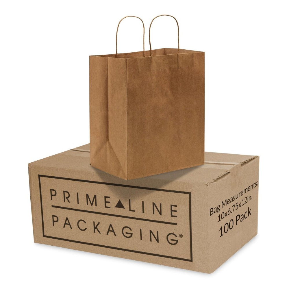 Prime Line Packaging Brown Paper Bags, Medium Shopping Bags with Handles for Small Business, To Go Food, Grocery, Retail, Party Favors, 10x6.75x12, 100 Pack