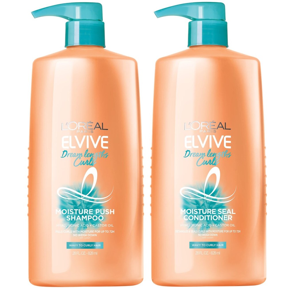 L\'Oreal Paris Elvive Dream Lengths Curls Shampoo and Conditioner 2PK, Paraben-Free with Hyaluronic Acid and Castor Oil. Best for wavy hair to curly hair, 1 kit