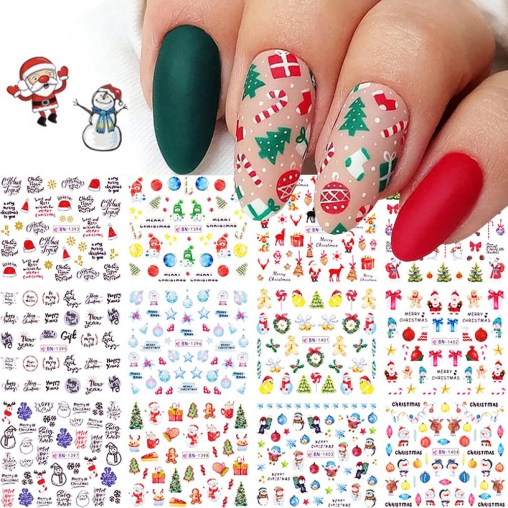 Christmas Nail Art Stickers, Snowflake Nail Decals Water Transfer Colorful Snowmen Reindeer Bell Merry Christmas Happy New Year Xmas Tree Winter Nail Tattoo Stickers (12 Sheets)