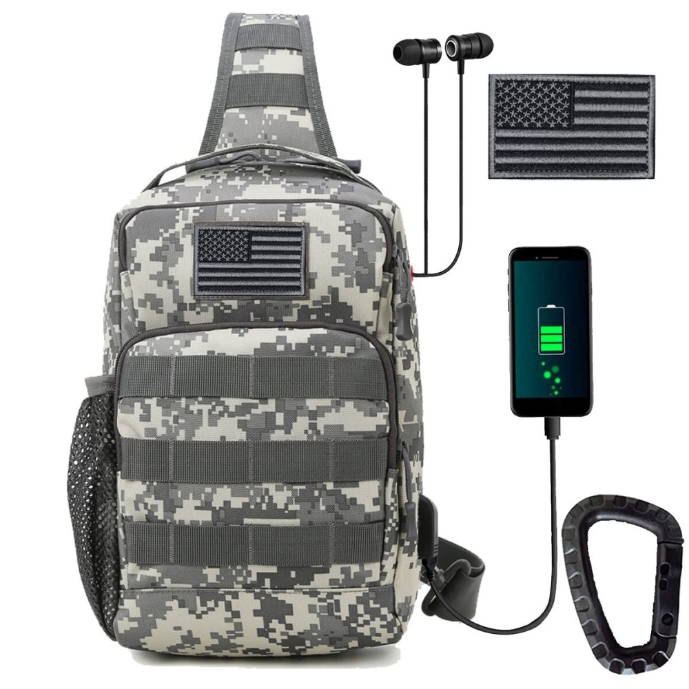 Valinov Tactical Shoulder Bag,Molle Shoulder Backpacks,Military Sling Daypack Backpack with USB Charging port (1 Pack Camo ACU)