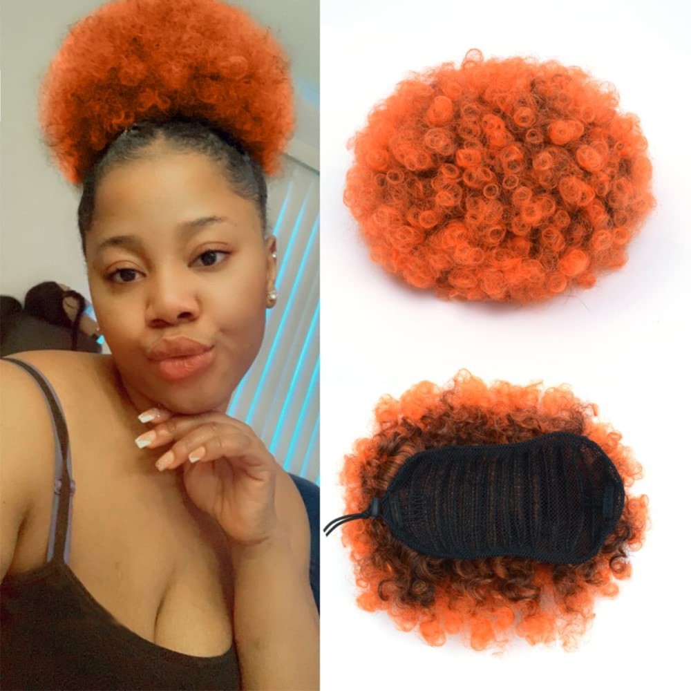 Yinmei Baibian Ombre Orange Afro Puff Drawstring Ponytails for Black Women Kinky Curly High Puffs Synthetic Bun Hair Pieces Updo Clip in on Hairpieces(1B/Orange)