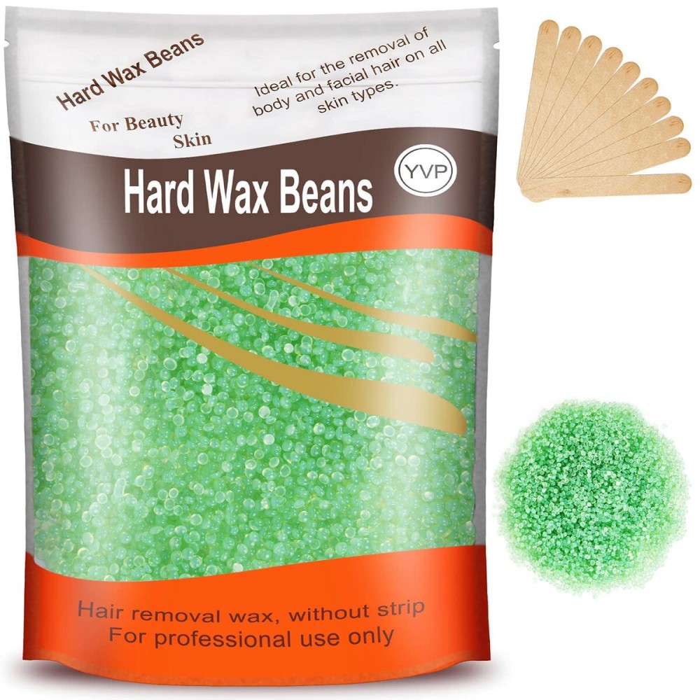 Yovanpur Hard Wax Beads for Brazilian Waxing, At Home Pearl Wax for Bikini, Face, Eyebrow, Legs - 300g (10 Oz) with 10 Wax Spatulas (Light Green-Aloe)