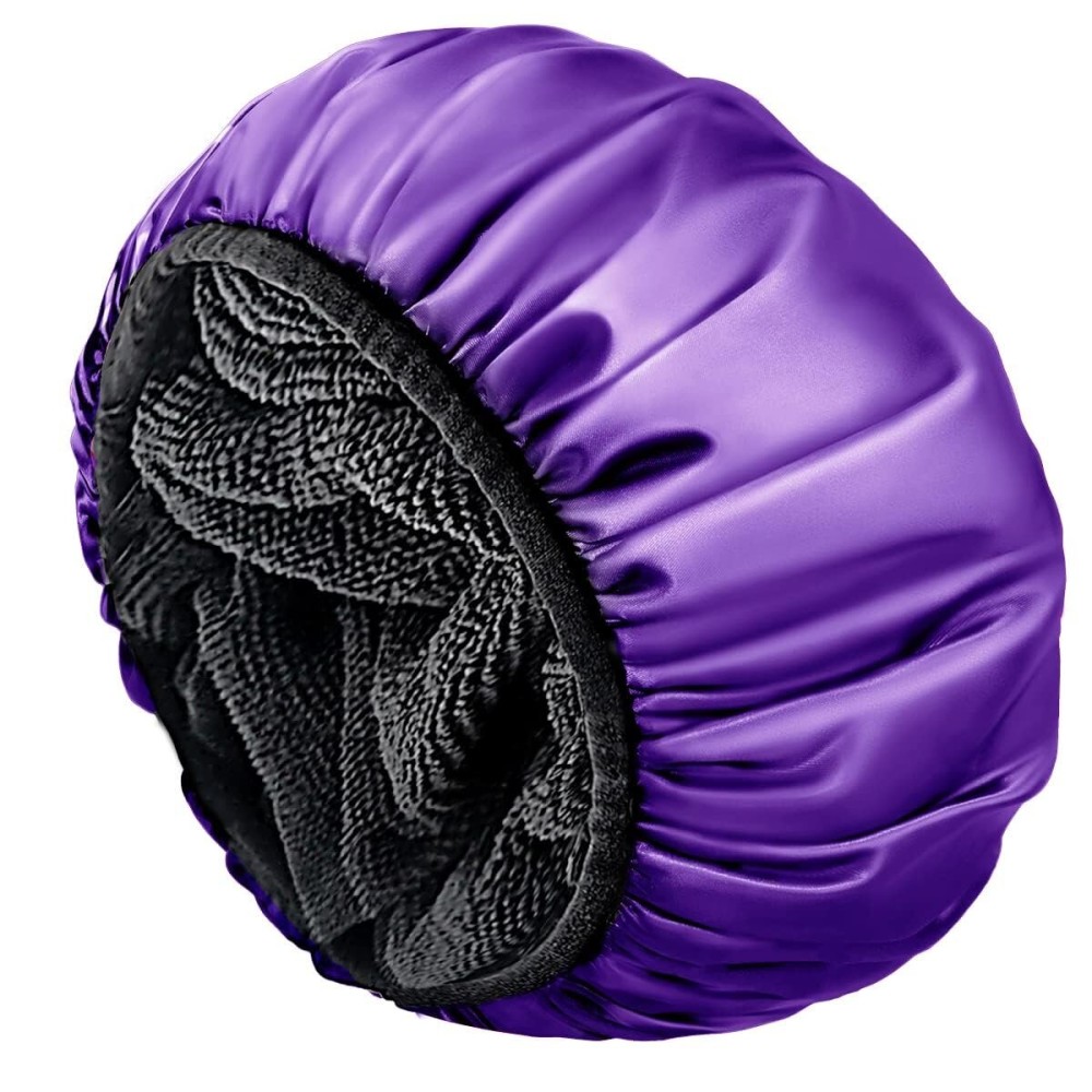 Aquior Shower Cap,Extra Large Triple Layer Bathing Cap with Dry Hair Function for Women Microfiber Terry Cloth Silky Satin 100% Waterproof Reusable Long Hair Bath Caps (Purple)