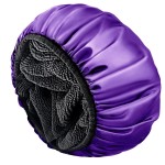 Aquior Shower Cap,Extra Large Triple Layer Bathing Cap with Dry Hair Function for Women Microfiber Terry Cloth Silky Satin 100% Waterproof Reusable Long Hair Bath Caps (Purple)