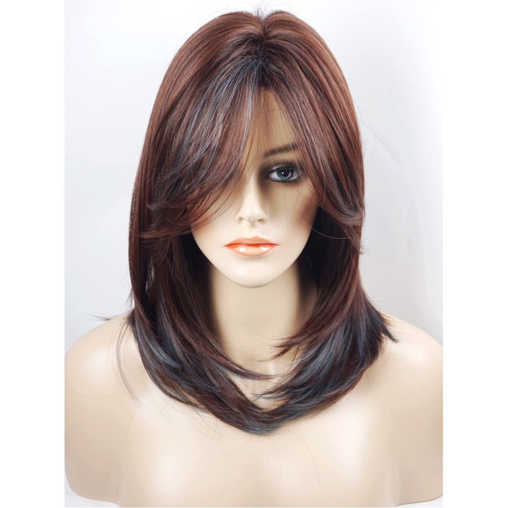 Medium Length Layered Wig Dark Brown with Blue Highlights, Synthetic Layered Wig with Bangs for White Women