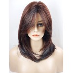 Medium Length Layered Wig Dark Brown with Blue Highlights, Synthetic Layered Wig with Bangs for White Women