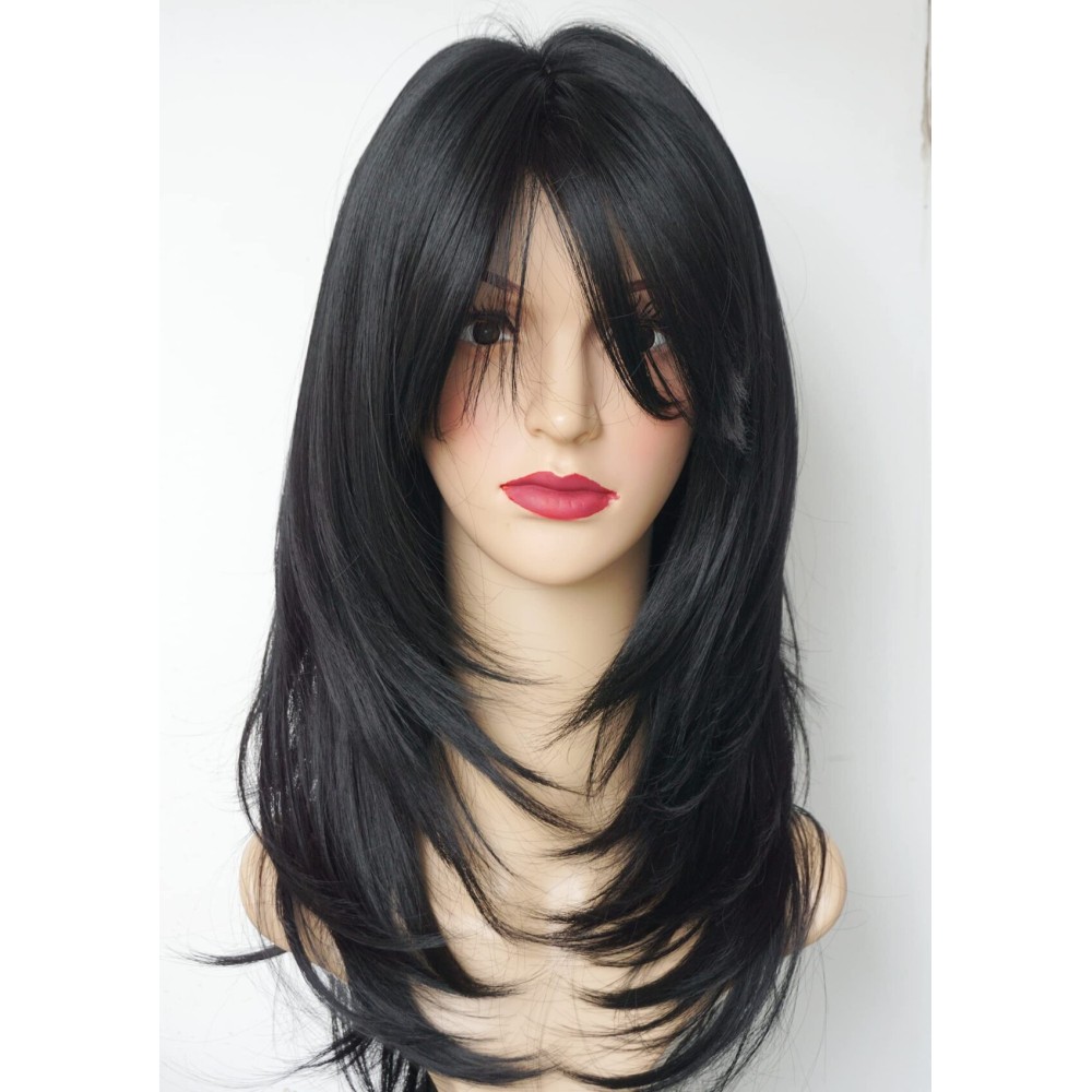 Natural Black wig with bangs Layered Wigs for white Women black hair wig Synthetic Wigs Flow out Curl for White Women (Black)