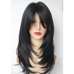 Natural Black wig with bangs Layered Wigs for white Women black hair wig Synthetic Wigs Flow out Curl for White Women (Black)