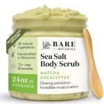 Bare Botanics Matcha Eucalyptus Body Scrub 24 oz - Naturally Scented Sea Salt Scrub Made in Madison, WI - Formulated w/Skin Loving Moisturizers - Vegan, Cruelty Free Exfoliator w/a Cute Wooden Spoon
